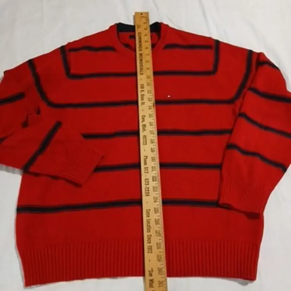 Tommy Hilfiger Men's Medium Red/Blue Striped 100% Cotton Long-Sleeved Sweater